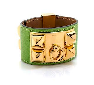 An Hermes Green Leather Collier de Chien Bracelet, Size L.