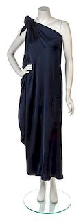 A Halston Navy Blue Silk Single Shoulder Gown. Size 4.