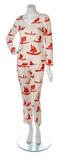 * A B. H. Wraggage Ivory and Red Sailboat Pant Ensemble,