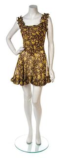 A Betsey Johnson Brown and Marigold Flower Cotton Print Mini Dress, Size 5.