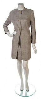 * A Celine Taupe-Grey Linen Tweed Skirt Suit, Jacket size 40, skirt size 40.