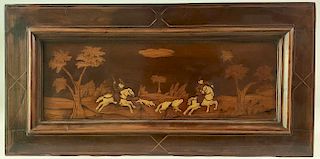 A BEAUTIFUL INLAID 18TH C. WOOD SPORTING PLAQUE