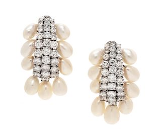 A Pair of Platinum, Diamond and Cultured Baroque Pearl Earclips, David Webb, 15.00 dwts.