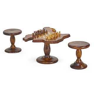 NATE FAVORS CHESS TABLE WITH TWO STOOLS