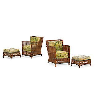 HEYWOOD WAKEFIELD (Attr.) PAIR OF RATTAN ARMCHAIRS AND OTTOMANS 