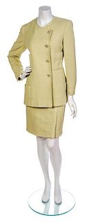 * A Chanel Chartreuse Cotton Boucle Skirt Suit, Jacket size 42, skirt size 42.