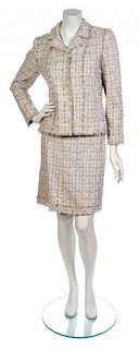 * A Chanel Taupe, Pink and Grey Cotton Tweed Skirt Suit, Jacket size 40, skirt size 46.