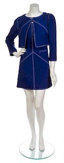 * A Courreges Blue Wool Dress Ensemble, Jacket size 38, dress size 40.