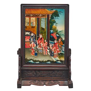 CHINESE EXPORT REVERSE-PAINTED GLASS TABLE SCREEN