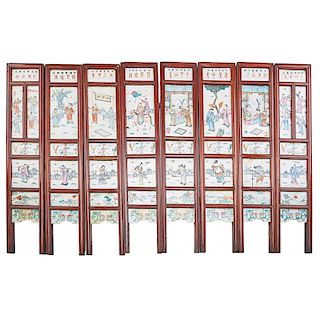 CHINESE PORCELAIN INSET EIGHT-PANEL FOLDING TABLE SCREEN