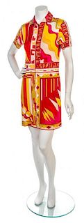 * An Emilio Pucci Red and Yellow Print Silk Knit Jersey Shirt Dress, Size 6.