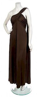 An Estevez Brown Jersey Single Shoulder Gown,