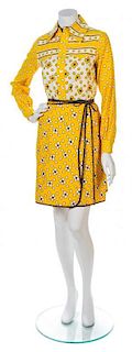 * A Geoffrey Beene Yellow and Brown Cotton Floral Skirt Ensemble, Size 8.