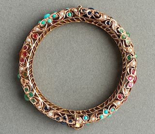 14K Gold Rubies Sapphires Emeralds Bangle Bracelet