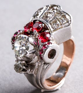 Art Deco 14K White Gold, Diamonds & Rubies Ring