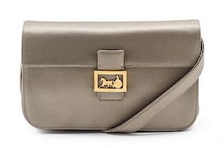 * A Celine Taupe Satin Clutch, 7 1/2 x 4 x 2 inches.