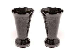 Black Etched Glass Trumpet-Form Vases, Pair