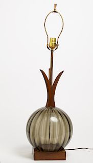 Scandinavian Modern Smokey Glass & Wood Lamp