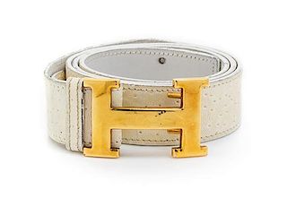 * An Hermes White Embossed Leather Constance Belt, 33 1/2 inches.