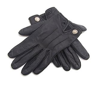 A Pair of Hermes Black Leather Nervures Droites Gloves, Size 7.