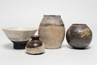 Modern Raku Pottery Vases and Footed Bowl, 4