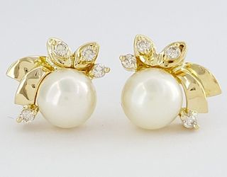 14K Gold Akoya Pearl Triple A & 0.16ct Diamond Earrings