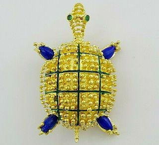 18K Gold Emerald & Lapis Lazuli Turtle Brooch / Pin