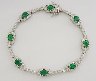 Vintage 14K Emerald & Brilliant Cut Diamond Braceelet