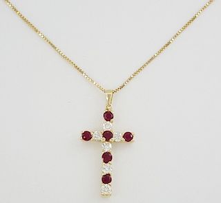 14K Yellow Gold Red Ruby & Diamond Cross Pendant  Chain