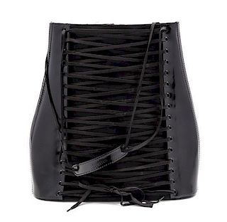 A Jean Paul Gautier Black Leather Corset Bag, 13 x 12 1/2 x 4 inches.