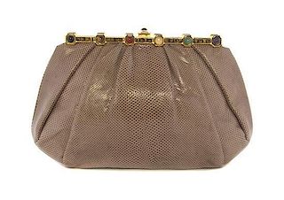 A Judith Leiber Taupe Lizardskin Bag, 10 1/2 x 7 x 2 inches.