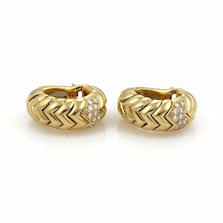 Bvlgari SPIGA Diamond 18k Gold  Curved Hoop Earrings