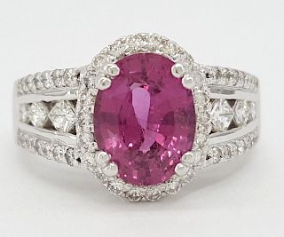 3.77tcw 14K Pink Sapphire Diamond Halo Engagement Ring
