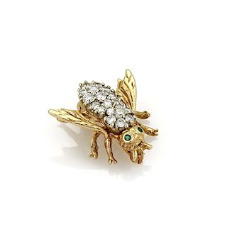 Vintage Diamonds & Emerald 14k Yellow Gold Bee Brooch