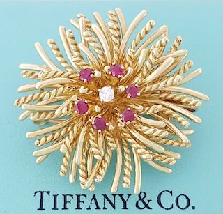 Vintage Tiffany & Co Anemone 18K Diamond & Ruby Brooch