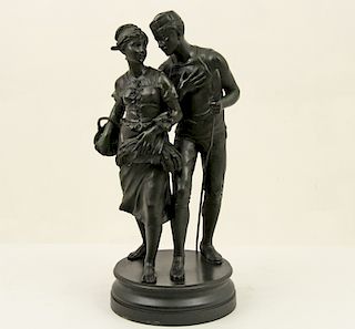 SIGNED FRENCH 27" BRONZE OF YOUNG GIRL AND MAN