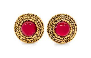 A Pair of Chanel Goldtone and Red Gripoix Glass Earclips,