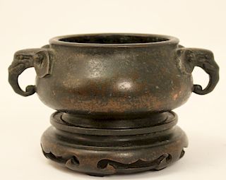 CHINESE BRONZE CENSOR W/ELEPHANT FORMED HANDLES 