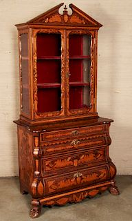 DUTCH MARQUETRY BOMBE SHAPED BOOKCASE, 19TH C.