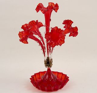 CRANBERRY GLASS TRUMPET FORMED EPERGNE