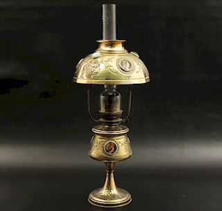 FRENCH BRASS PORTRAIT MOUNTED OIL LAMP 