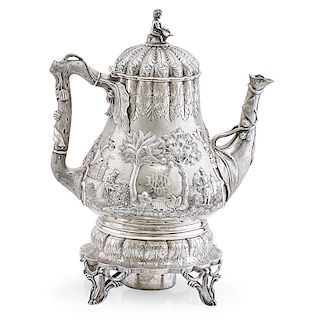 TIFFANY, YOUNG & ELLIS STERLING SILVER CHINOISERIE KETTLE ON STAND