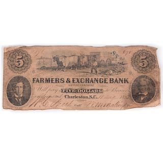 A five dollar American South Carolina Farmer's and Exchange note.