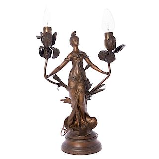 Early 20th century bronze damsel lamp.