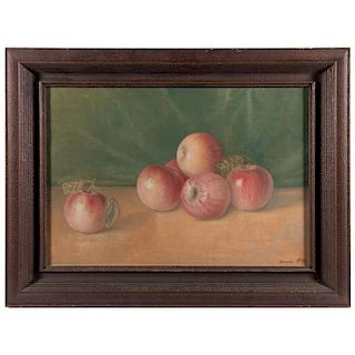 Oil on canvas still life with apples.