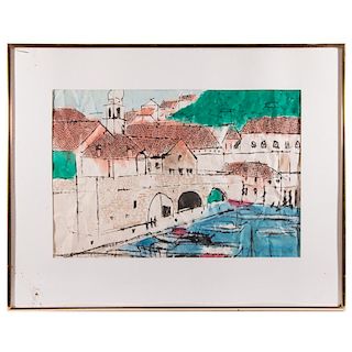 A watercolor on paper of a Mediterranean coastal town.