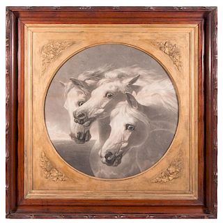 Large 19th century print of three white horses.