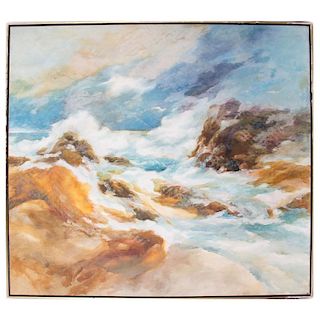 A large 20th century oil on canvas of a coastal scene.
