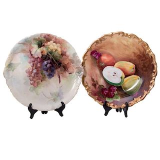 Two Large Limgoes Porcelain Charges with Hand Painted Fruit.