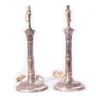 Pair of Caldwell and Co. silver plate candlestick lamps